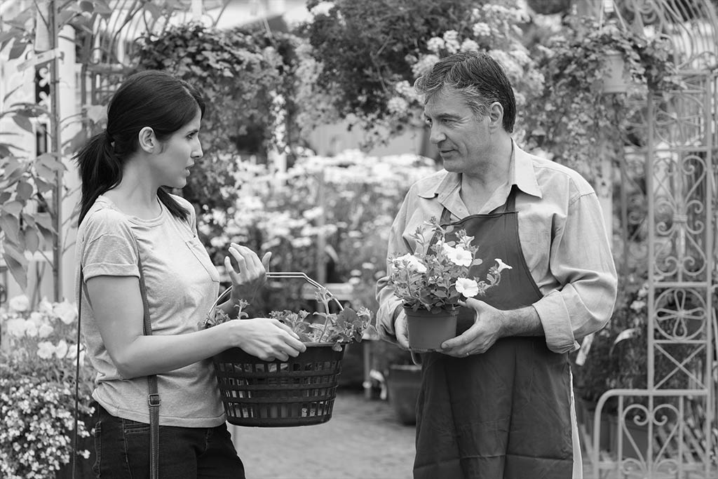 Customer talking to business owner about potted plants showing customer engagement and communication